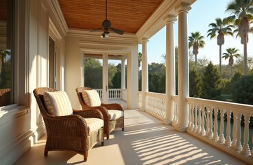 Obraz premium Two wicker armchairs with striped cushions are on a sunlit porch. Tall white columns and a railing border the open space. Palm trees and lush plants form the background view.