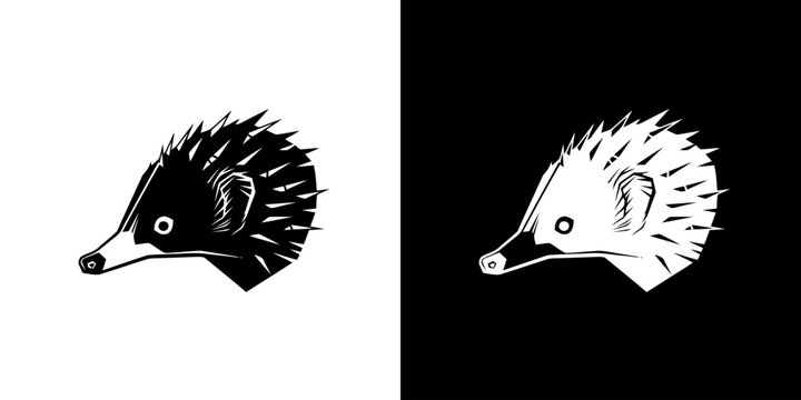 Echidna Head Logo Illustration in Black and White Minimalist Style