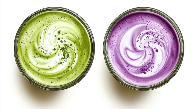 Ube and Matcha drink on white background,Iced Ube Latte,and matcha latte,PopularTrendy Purple Coffee Shop,plant based recipes,superfood,menu and banner,Healthy and wellness concept.