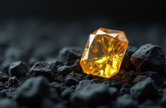 Bright yellow diamond gemstone rests on dark rough coal or rock. Faceted precious stone shows internal glow, extreme closeup view. Luxury gem on rough material.