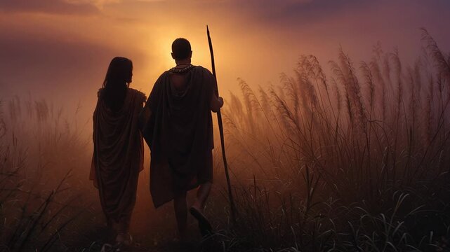 Indigenous couple walking through golden grass at sunset, silhouetted against smoky backlit sky, wearing tribal garments and carrying simple tools, slow