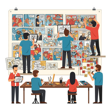 Team of artists creating a comic strip storyboard, planning and drawing panels on a large board.