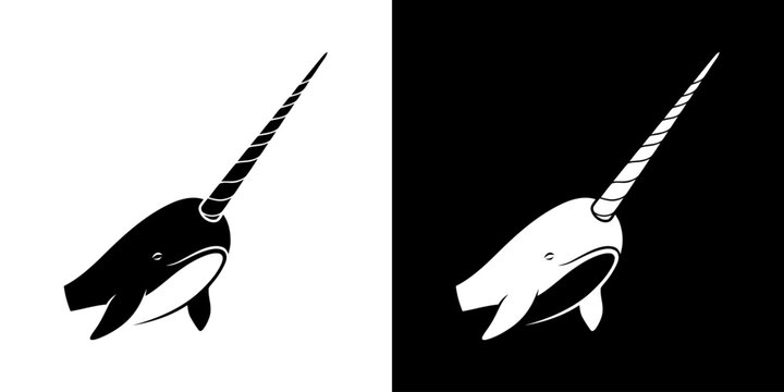 Narwhal Head Logo with a Long Spiraled Tusk in a Modern Minimalist Style