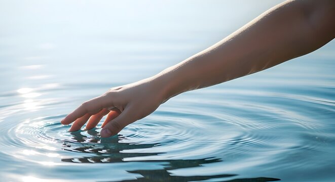 Gentle touch upon the water's surface, a delicate interaction with the aquatic environment, observing the ripple effect and the interplay between human presence and the natural world.
