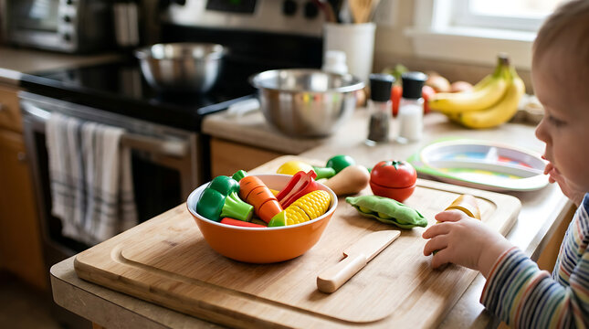 Toddler plays with toy vegetables on kitchen counter at home indoors