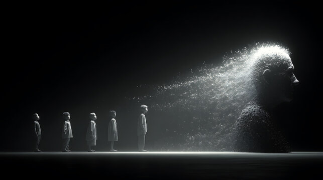 Powerful surreal evolution of childhood to consciousness, with dissolving human form symbolizing identity, growth, memory, transformation, and existential awakening