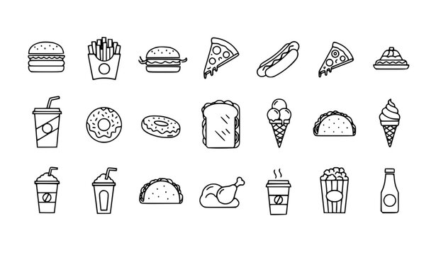 Fast food outline icon set black and white vector UI UX food symbols collection