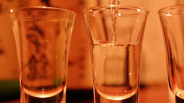 Pouring japanese sake into small glass cups in warm lighting with slow motion effect and blurred background.