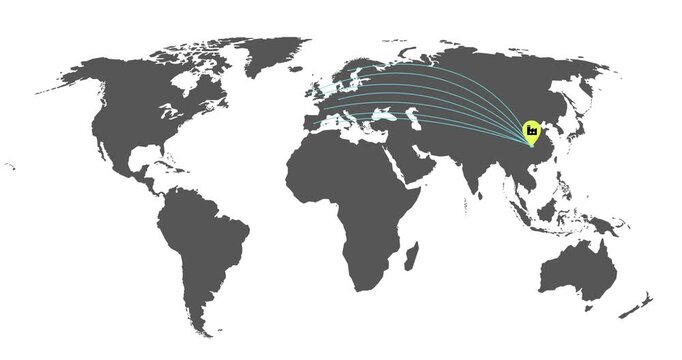 Animation maps china industry manufacture to europe isolated