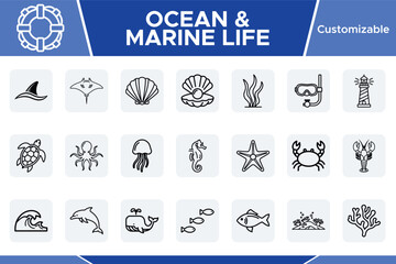 Ocean & Marine Life, 20 customizable line icons, sea creatures and nautical elements vector set, underwater world graphic resources for web and print design. © Iconify Studio