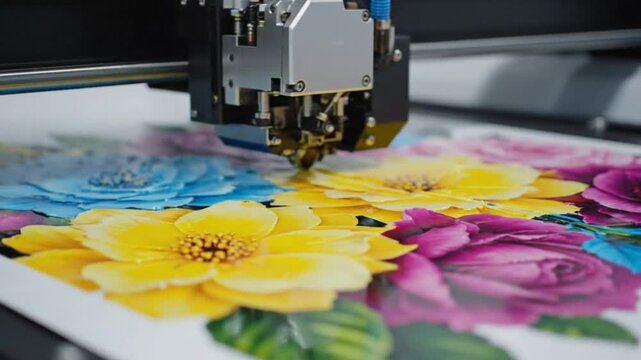 Close-up of a digital printer head as it meticulously prints a vibrant floral pattern on white paper