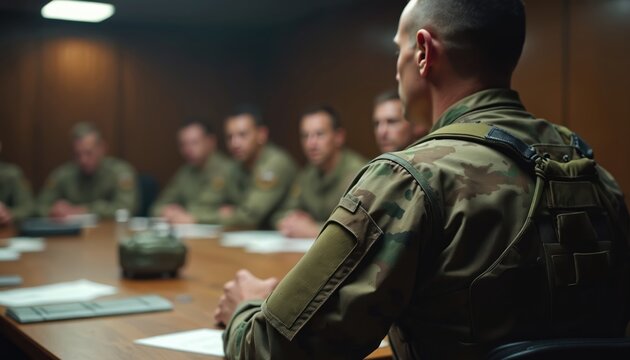 Military personnel in uniform sit around conference table discussing plans. Men in camouflage attire focus intently on meeting in wood-paneled room. Soldiers plan strategy, engage in teamwork during