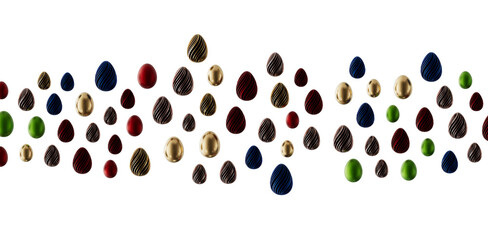 Fototapeta premium Artistic collection of colorful Easter eggs in various sizes on a white background, representing Easter, holiday, celebr