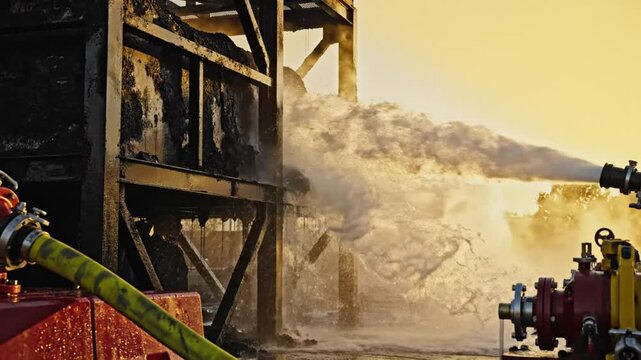 Firefighters Extinguishing a Scorched Industrial Structure with Powerful Water Hose Stream Against Golden Sunset Sky
