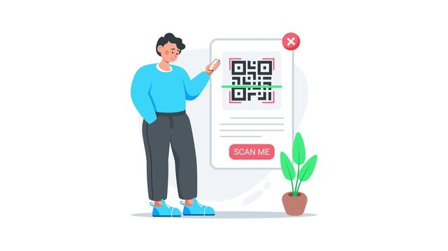 Man scanning QR code for online payment or store offer, flat vector animated illustration