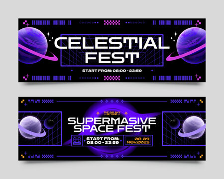 Futuristic Space Event Horizontal Banner with Neon Planet Design