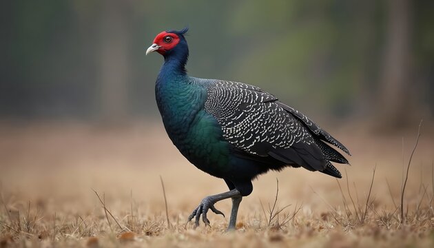 Male Himalayan Monal bird walks on dry grass. This pheasant has bright blue green plumage and striking red head markings. It is foraging in a forest meadow during daytime.
