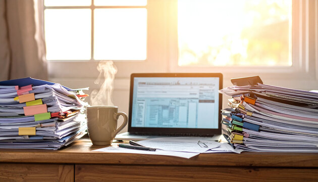 A cluttered office desk with tall paper stacks, laptop, and steaming coffee under warm sunlight. Captures the essence of busy workdays, tax preparation, and professional productivity tasks.