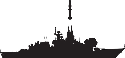 Obraz premium Warship, naval vessel, military ship, destroyer silhouette, missile launch