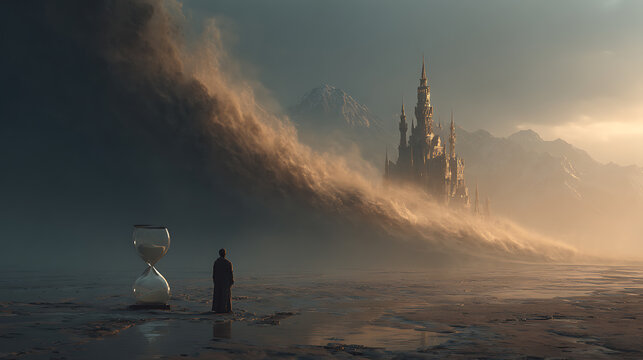 Epic surreal landscape with hourglass, distant castle, and advancing wave, symbolizing time, destiny, impermanence, fantasy, and existential confrontation