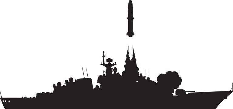 Warship, naval vessel, military ship, destroyer silhouette, missile launch