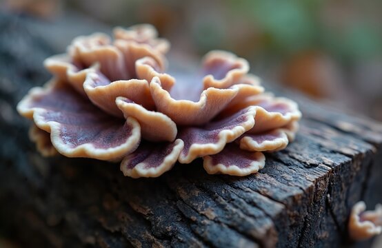 Purple silverleaf fungus grows on dead wood. Small wavy cap mushroom has delicate lilac and cream colors. Macro shot details forest floor organism texture.