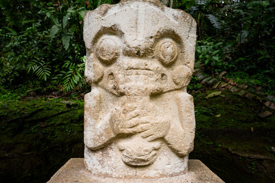 San agustin pre columbian statue showing anthropomorphic zoomorphic features