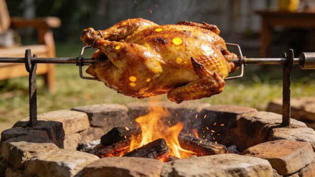 Roasted chicken rotates on spit over campfire flames outdoors