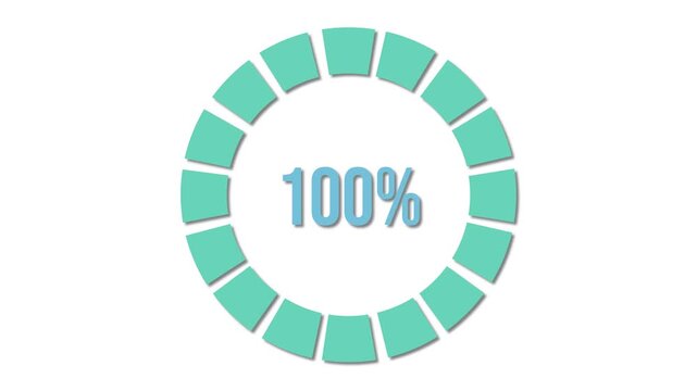 Circular progress bar animation loading from 12% to 100% with teal segments on white background.