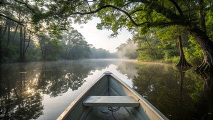 Fototapeta premium Boat gliding through a river surrounded by trees and mist in early morning light