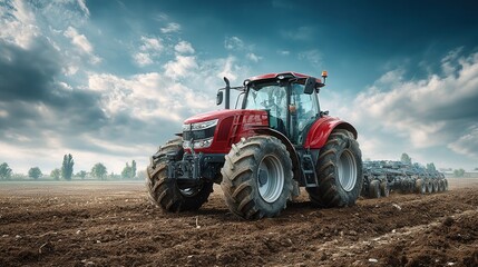 Fototapeta premium farm scene with a modern red tractor on prepared soil ready for crops under a sunny blue sky, clean and productive agricultural landscape 