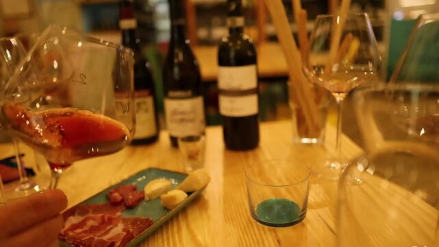 Close up shot of person swirling red wine in glass revealing rich color and texture on wooden table with appetizers.