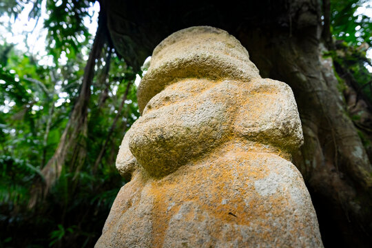 San agustin ancient stone statue in tropical forest