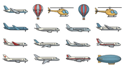 Various vector 2D CAD aircraft and airships in flight formations © Stock Image Paradise