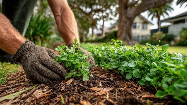 landscape maintenance detail with gardener&rsquo;s gloved hands weeding bright green grass beside dark mulch, focused and practical outdoor work scene