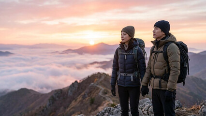 Obraz premium Korean hikers mountain trekking outdoor adventure healthy lifestyle in nature