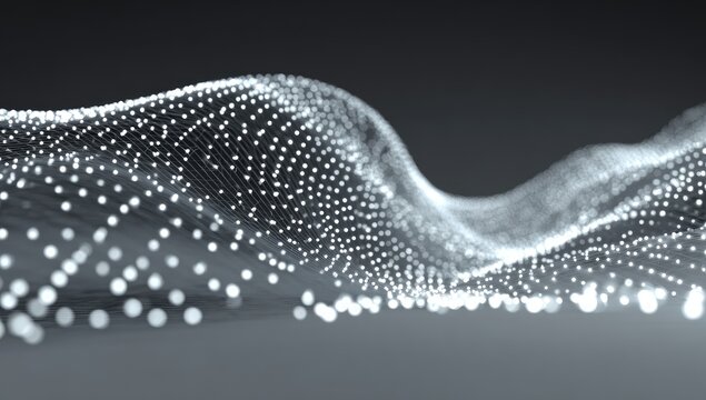 A luminous, undulating network of interconnected points floats against a gradient background, suggestive of data flow