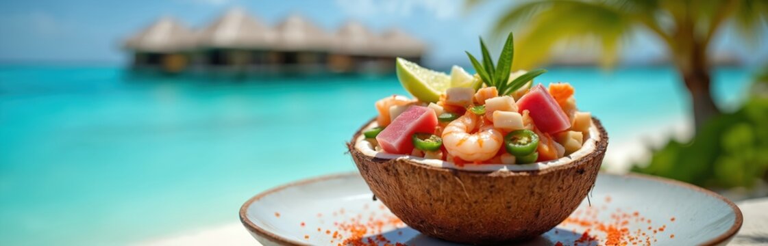 Tahitian poisson cru dish served in coconut shell on beachside table. Raw tuna, shrimp, coconut milk, lime, jalapeno. Tropical island cuisine with ocean view bungalows.