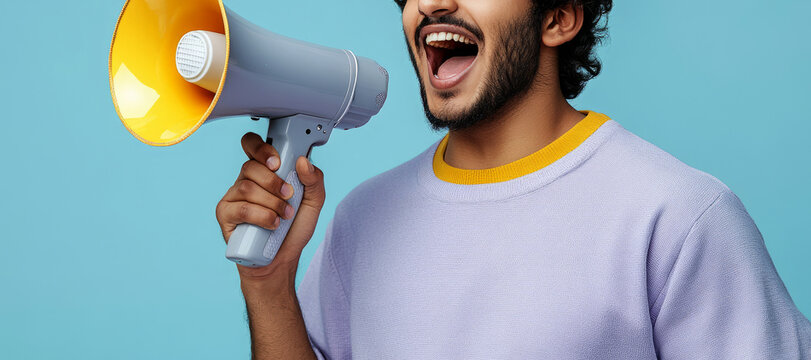  happy, handsome young indian man holding a megaphone and shouting, isolated on a light blue background. 