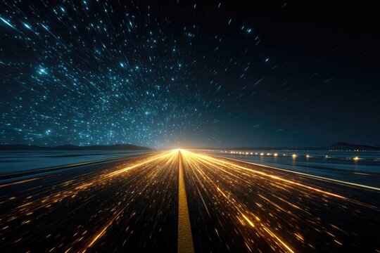 A luminous, vibrant abstract depicts speed and motion. Streaks of light converge on a central vanishing point. A dark, starry sky surrounds