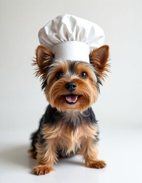 Small yorkshire terrier dog wears chef hat. Cute canine pet sits on white studio background looking at camera. Playful animal appears happy and ready to cook delicious food.