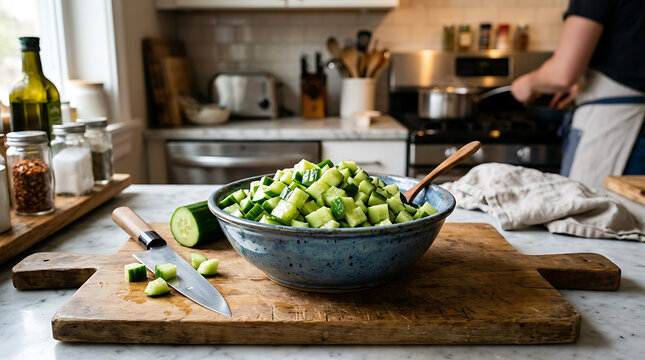 A person prepares a fresh salad with cucumbers on a kitchen counter.