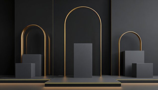 A luxurious abstract design showcasing three display pedestals against a dark backdrop with golden arched frames