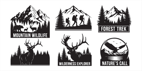 Obraz premium Mountain forest animal wildlife and backpackers people vector outdoor adventure silhouette labels collection