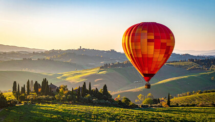 Obraz premium Experience the ultimate freedom with a colorful hot air balloon soaring above sundrenched rolling hills and vineyards. Ideal for travel, adventure, and lifestyle marketing themes.