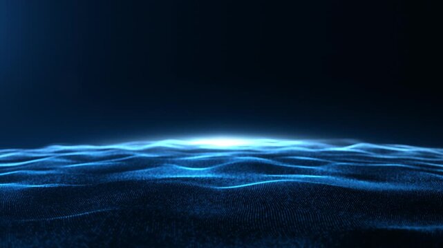 Abstract blue digital particle wave and digital data network connections for a technology. Premium scientific display. Abstract planetary horizon. Seamless Loop. 4K 60fps