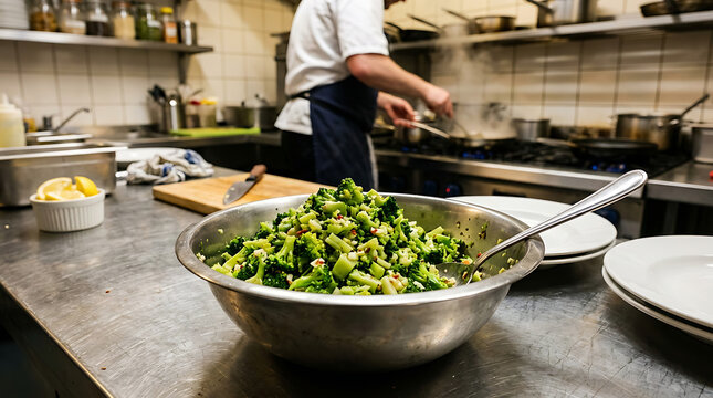 Chef prepares a fresh vegetable salad in a bustling kitchen environment.