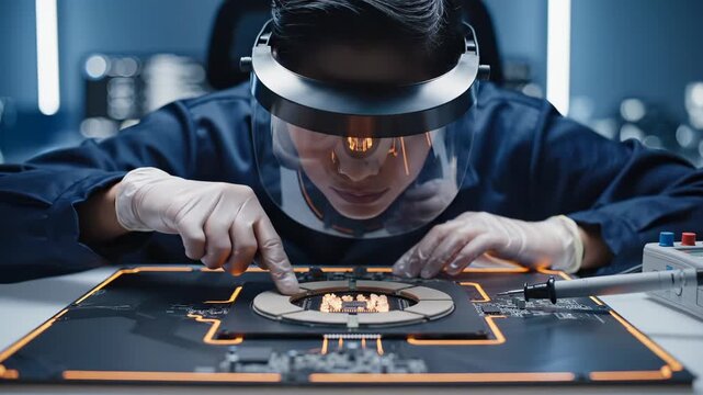 Technician examines circuit board with magnifying visor in electronics lab. Worker inspects chip components using magnifier shield. Technician studies board details. Electronic repair in laboratory.