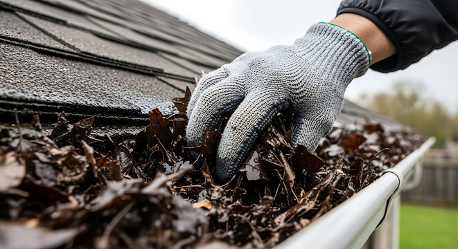 Hand in gray protective glove cleaning autumn fallen leaves from a clogged roof gutter filled with seasonal debris during house exterior maintenance and residential drainage pipe repair