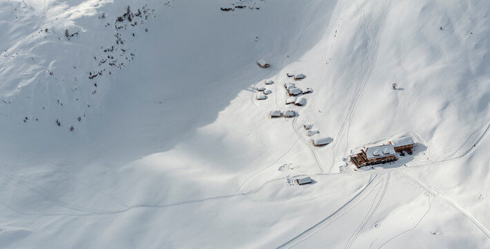 Winter landscape, aerial view of Sennes refuge in snow. Tourism destination, travel concept. Sennes refuge,Sennes Braies Natural Park,Alto Adige,Veneto,Italy